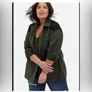 Nwot torrid sz 0 olive green & black lace twill anorak jacket coat denim jean